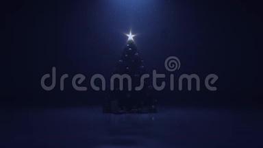 圣诞树上有一颗闪亮的星星，黑暗中有一个花环，下着雪